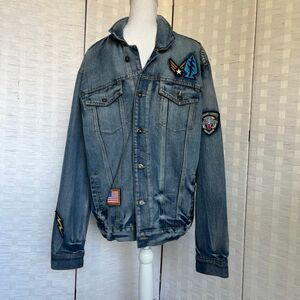 MENS RING OF FIRE PATCHED DISTRESSED DENIM JEAN JACKET SIZE L